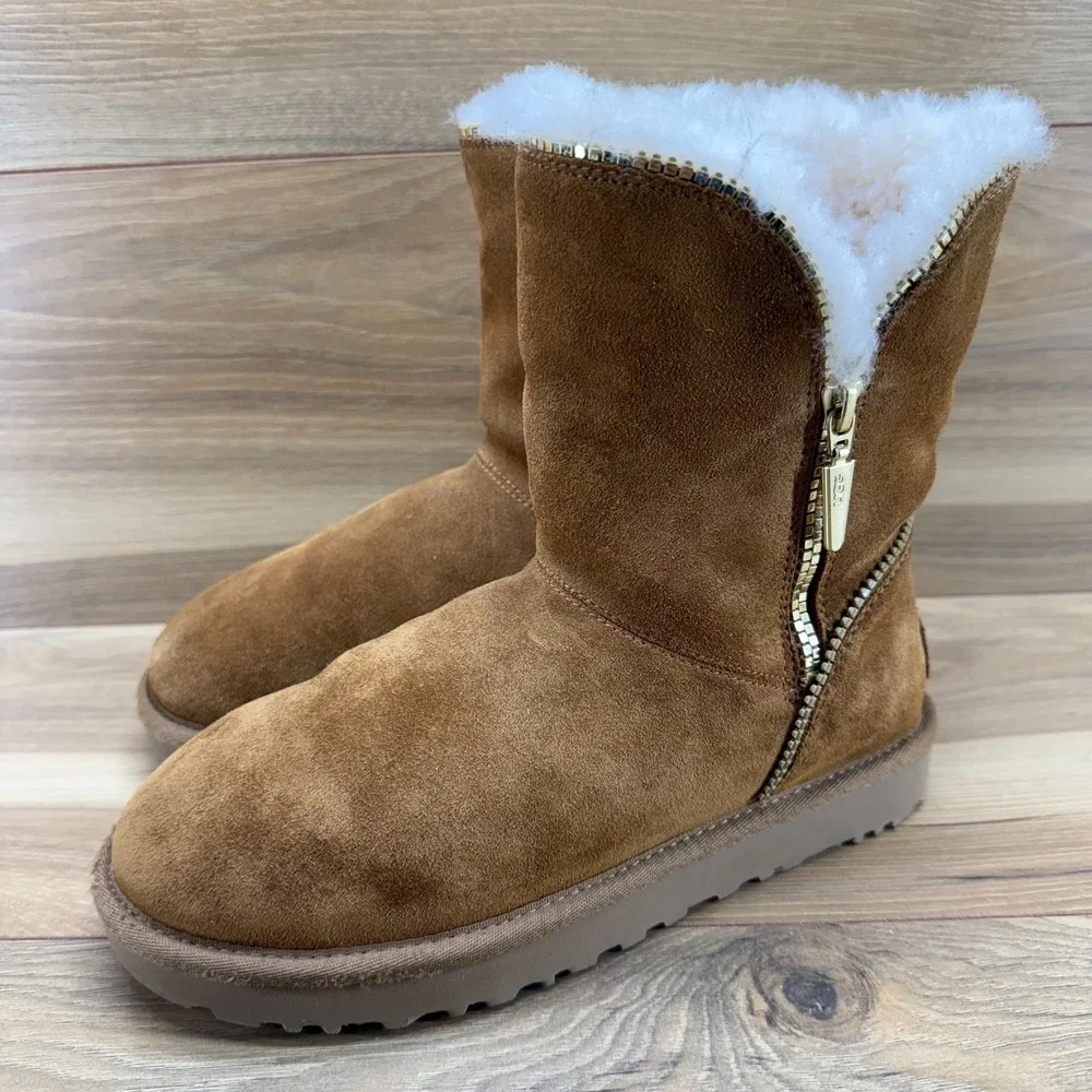 UGG‎ Florence Zip Short Boots Womens 7 Chestnut Suede Shearling Fur Lined